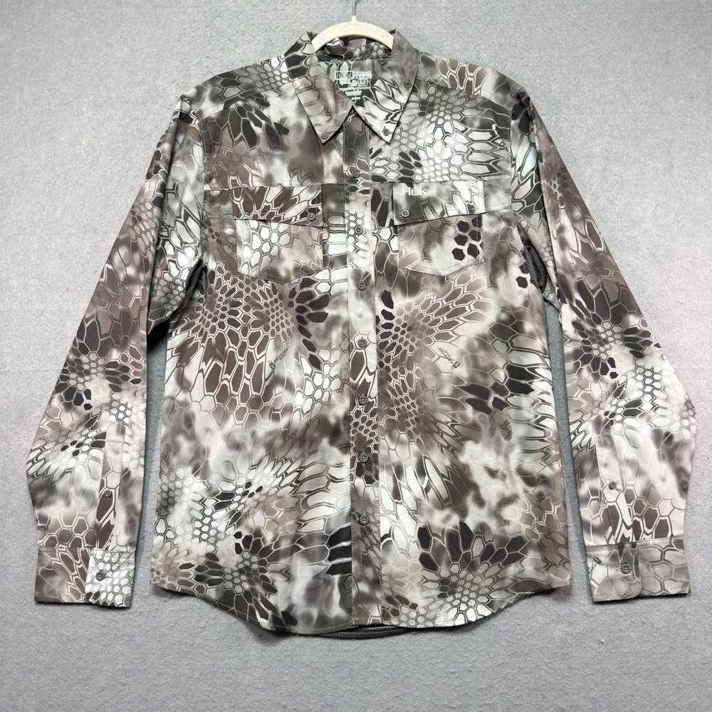 Huk Mens Grey Kryptek Camo Performance Fishing Shirt Long‎ Sleeve Mesh Back M